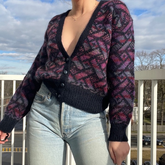 Vintage Cardigan Sweater Mohair Aztec Southwestern Patterned V Neck Button Up M - Picture 2 of 8